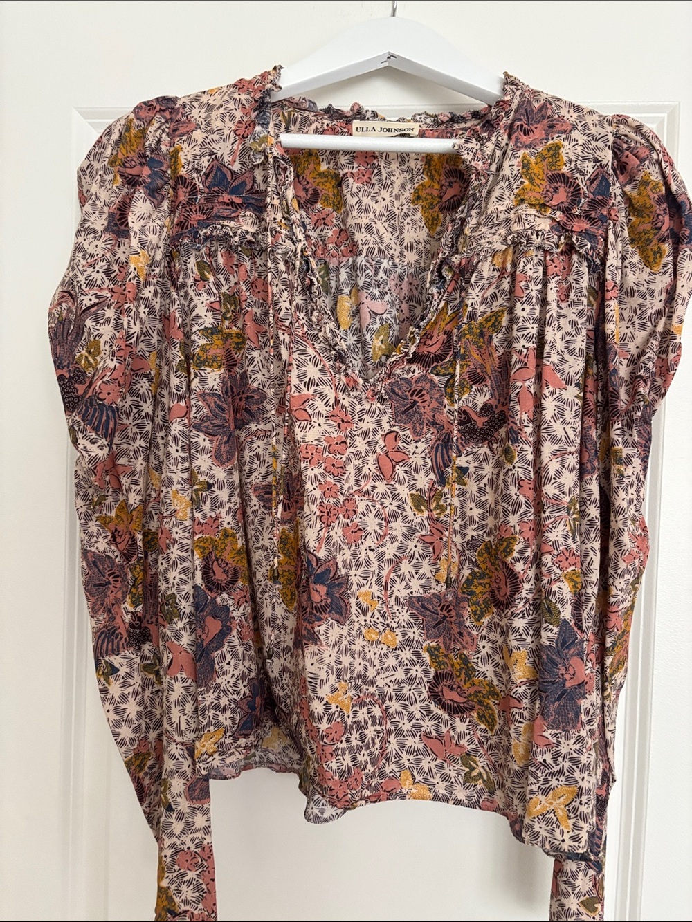 Ulla Johnson Pink Floral Tie-Neck Peasant Blouse